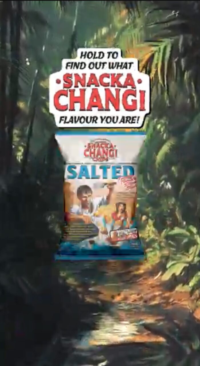 Snacka Changi chip packet ad creative with a jungle-adventure theme
